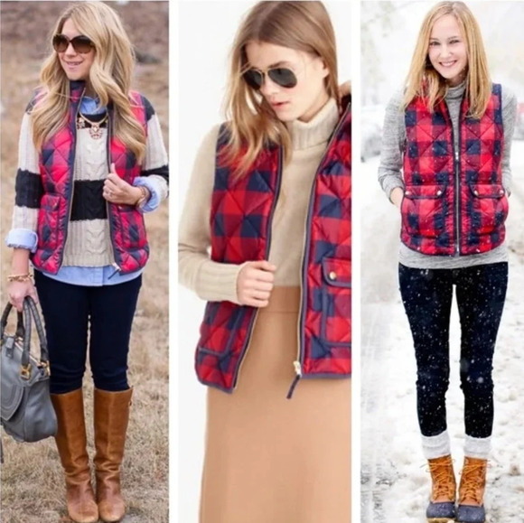 J. Crew Red Navy Buffalo Plaid Quilted Puffer Down Feather Excursion Vest Sz XS - Picture 1 of 9
